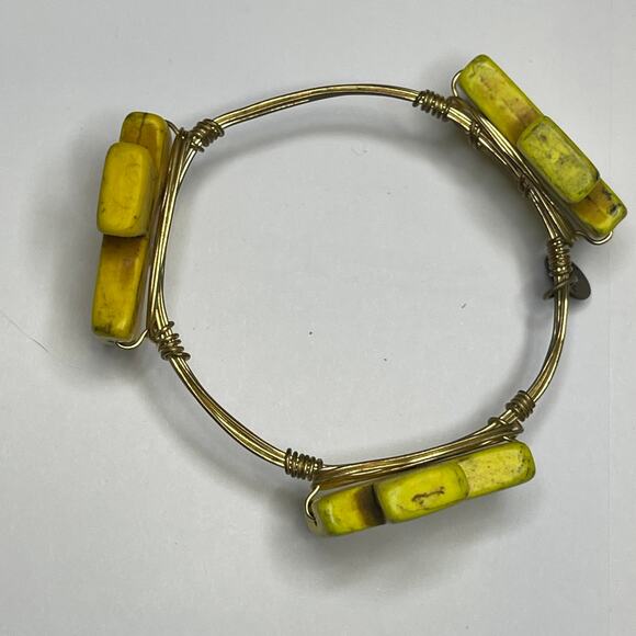 BOURBON & BOWETIES gold tone bracelet bangle canary yellow dyed stone cross - Picture 4 of 8